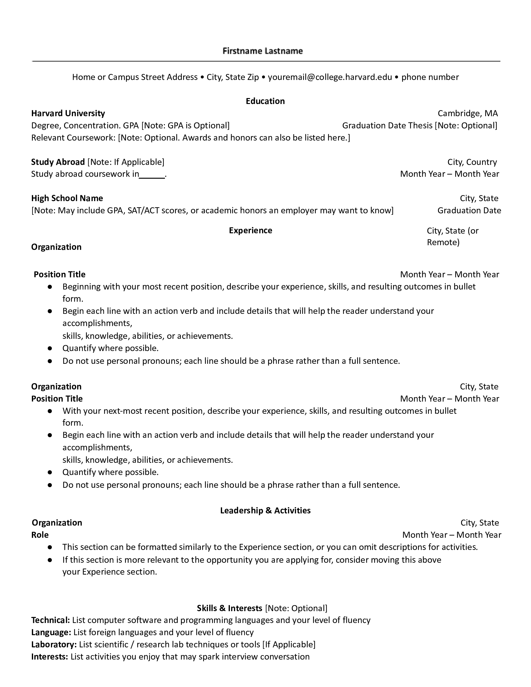 Harvard Bullet Points Resume
