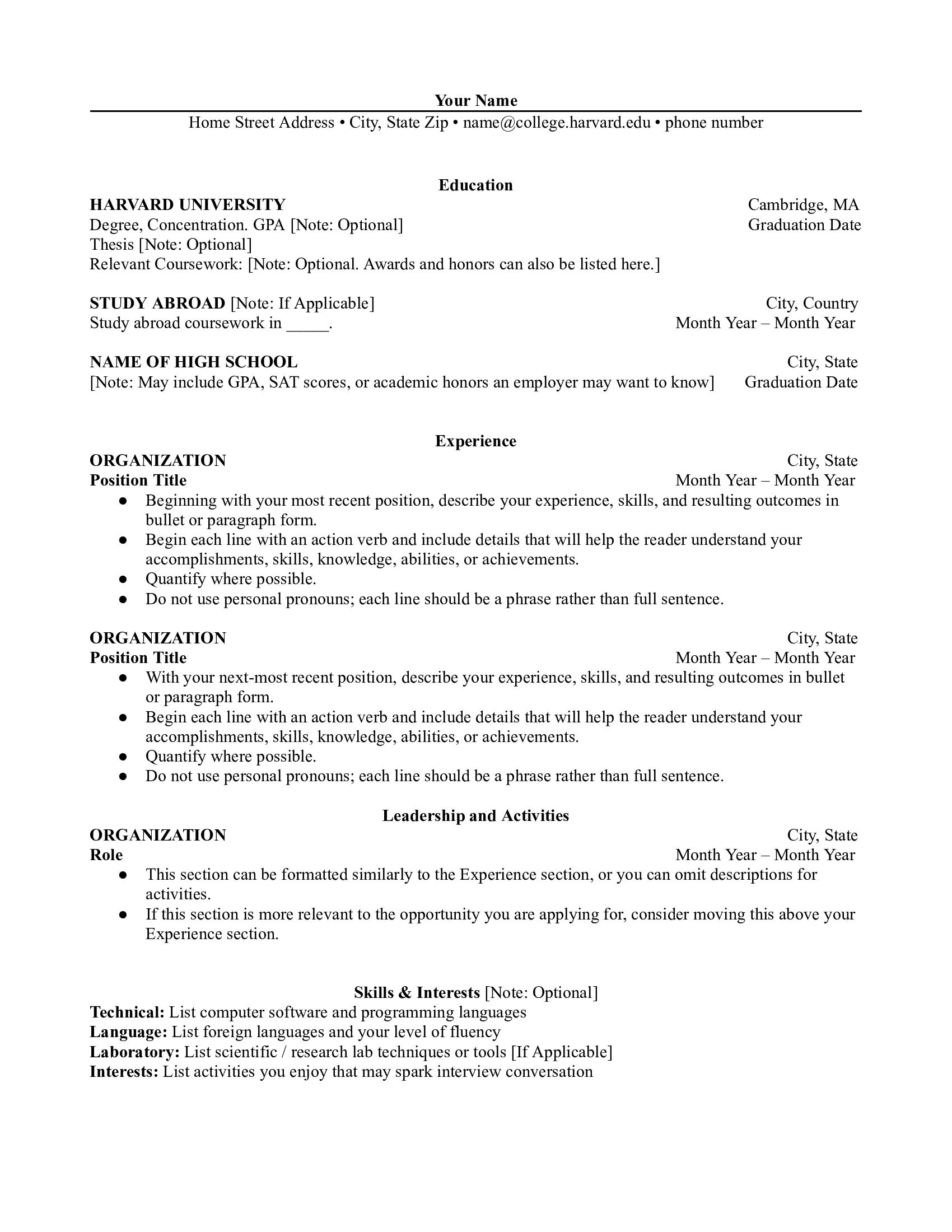 Standard Harvard CV Template